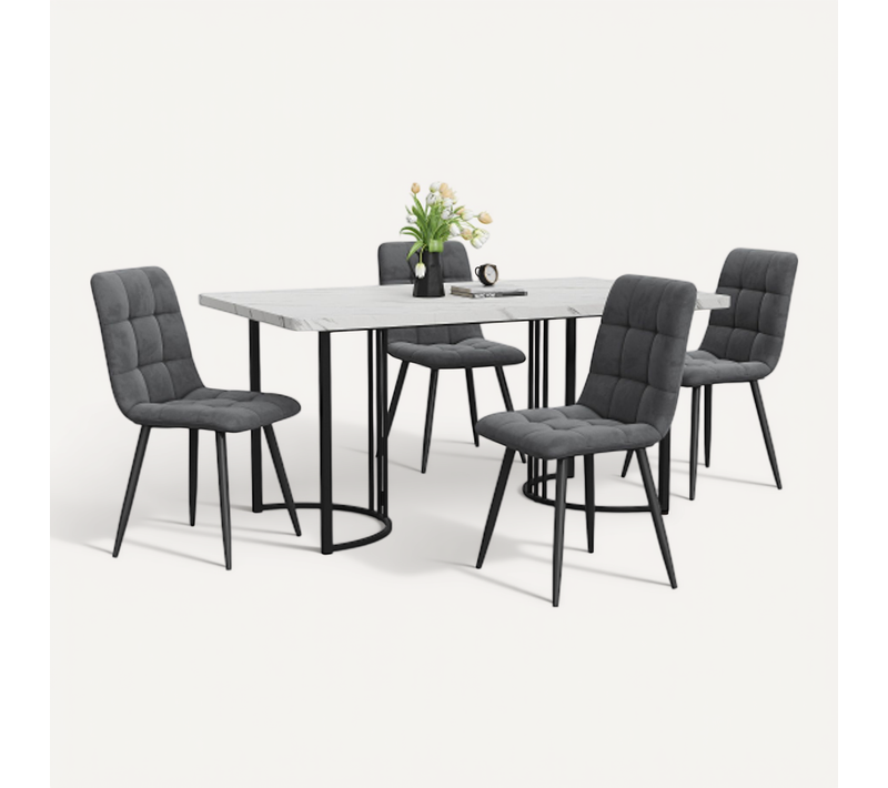 Ensemble De Salle à Manger 5 Pièces : Table Et 4 Chaises En Velours-table De Cuisine-mdf-blanc