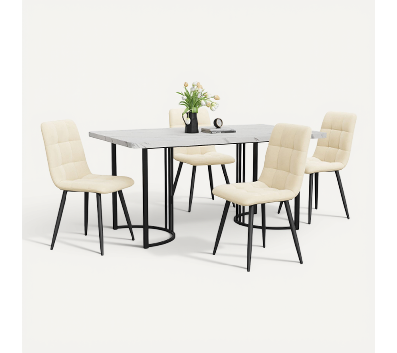 Ensemble De Salle à Manger 5 Pièces : Table Et 4 Chaises En Velours-table De Cuisine-mdf-blanc