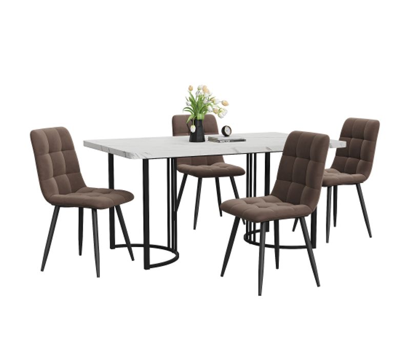 Ensemble De Salle à Manger 5 Pièces : Table Et 4 Chaises En Velours-table De Cuisine-mdf-blanc