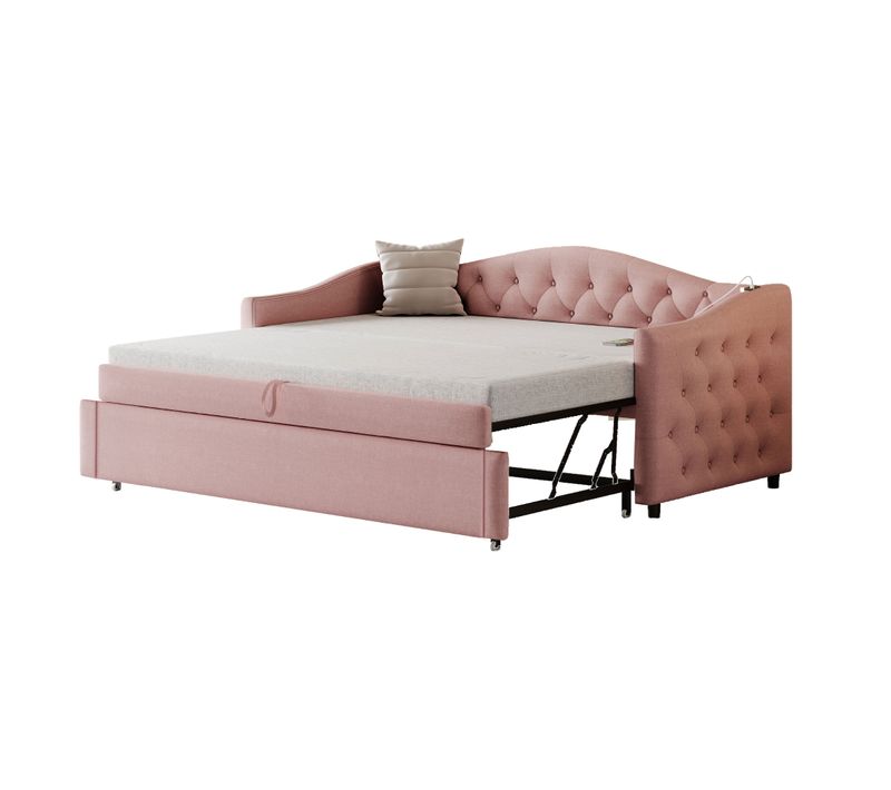Lit Gigogne -lit Capitonné-lit Extensible 90*200 Cm-avec Port USB-lit Multifonctionnel - Rose