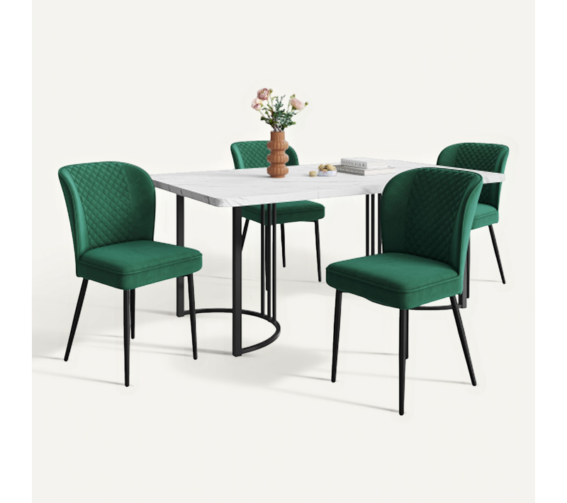 Ensemble De Salle à Manger 5 Pièces : Table Et 4 Chaises En Velours-table De Cuisine-mdf-blanc