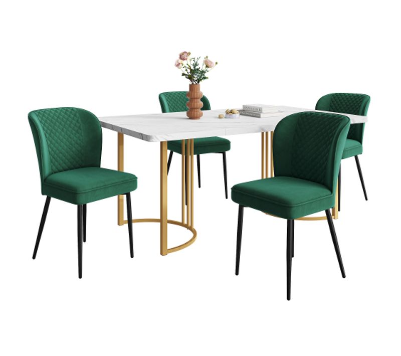 Ensemble De Salle à Manger 5 Pièces : Table Et 4 Chaises En Velours-table De Cuisine-mdf-blanc