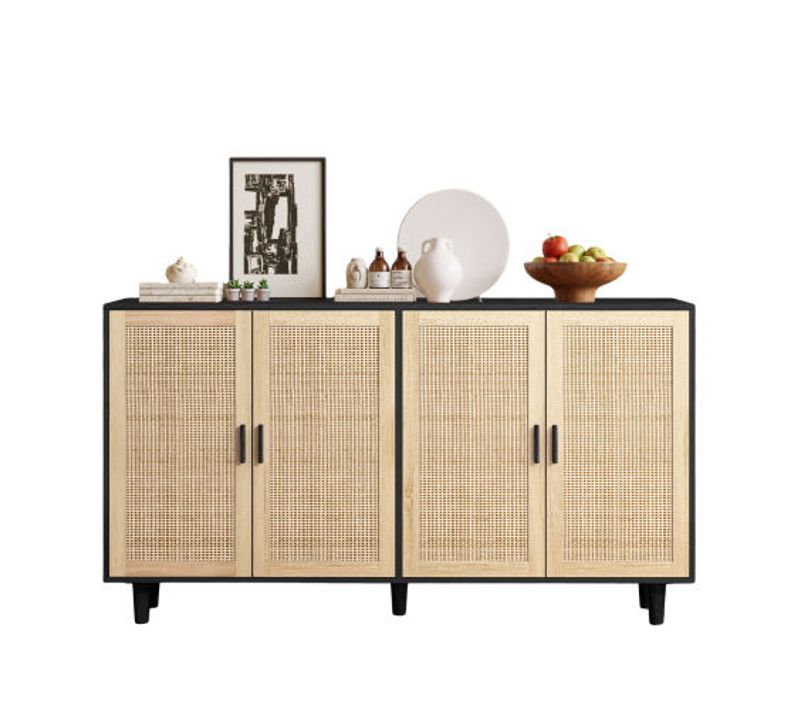 Buffet de rangement 158 Cm-En rotin à 4 Portes-Pour chambre, salon, bureau-Noir et Bois