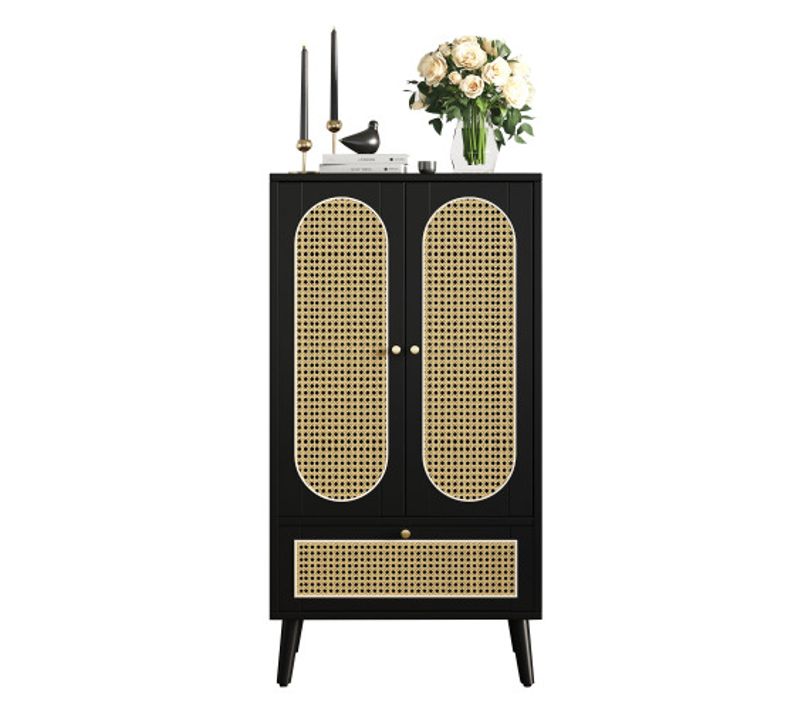 Buffet Haut-avec 2 Portes, 1 Tiroir-meuble De Salle à Manger, Bibliothèque-en Rotin-noir