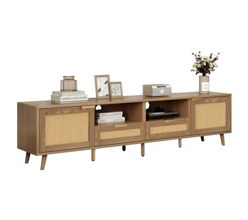 Meuble TV 200cm-meubles De Salone-panneau TV En Rotin-pieds En Bois Massif-bois