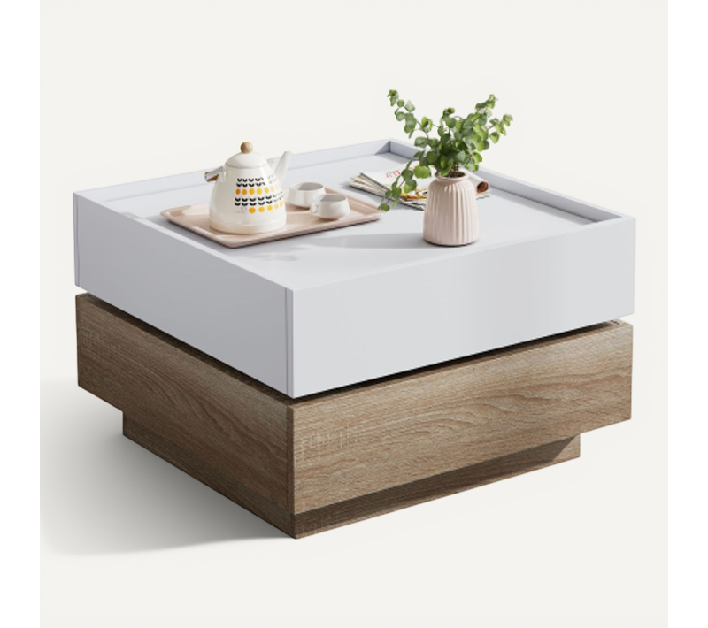 Table Basse Carrée 60x60x38cm-pivotante à 360°, Plateau Tournant Avec 2 Étagères-bois