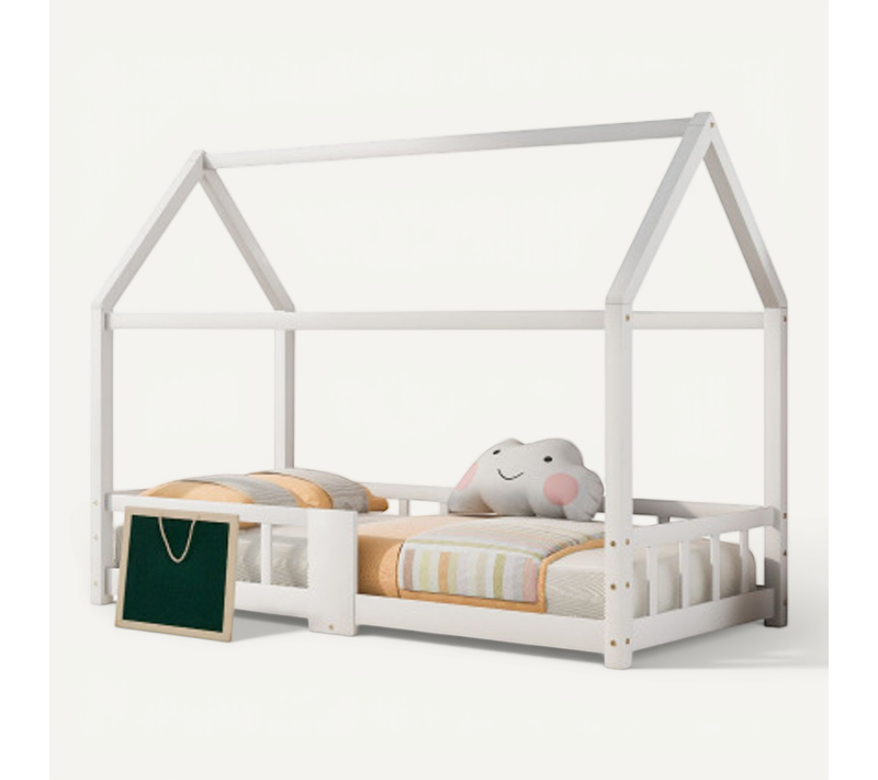 Lit Cabane 90x200 cm-lit enfant-avec Barrière Et Sommier-en Bois Massif - Blanc