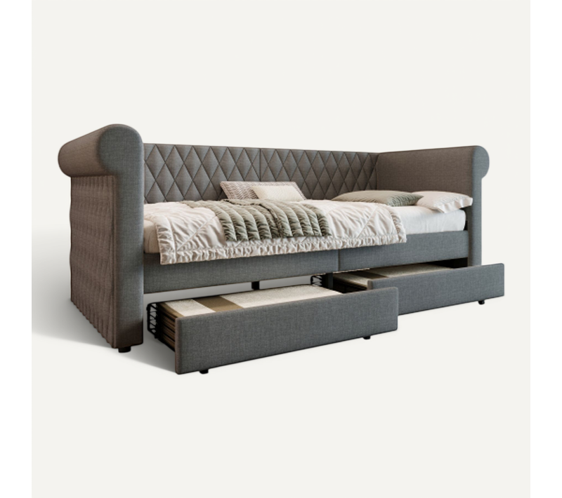 Lit Capitonné-canapé-lit 90x200 Cm-avec 2 Tiroirs De Rangement-lit Enfant-lit Jeune-gris