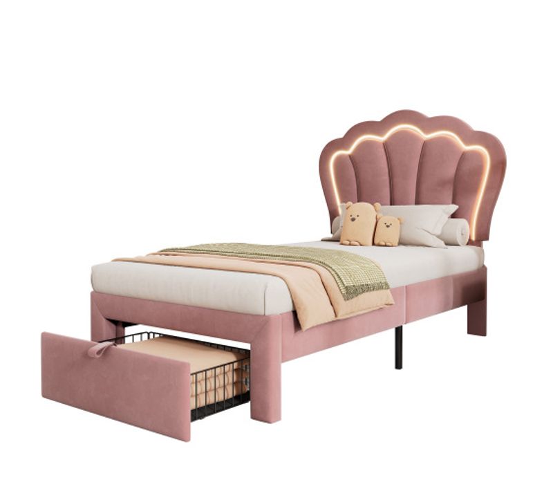 Lit Enfant LED Simple 90 X 200 Cm-avec Tiroirs, Matelassé-lit Junior-en Velours-rose