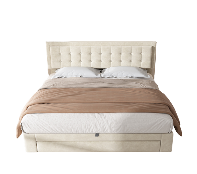 Lit Double 160 X 200 Cm-lit Adulte Avec Coffre De Rangement Et Tiroirs-en Velours-beige
