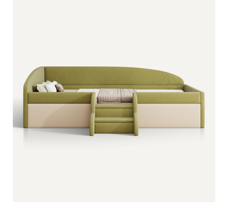 Lit Enfant 90 X 190 Cm Lit Rembourré Canapé-lit Avec Barrière Et Escaliers, Vert