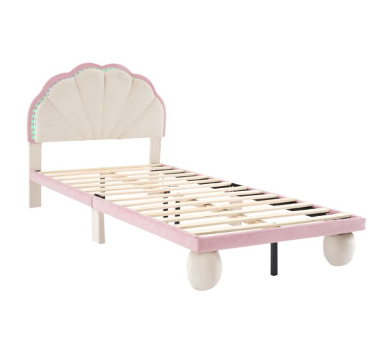 Lit Simple 90 X 200 Cm-avec Bande Lumineuse LED Multicolore-lit Enfant-velours-beige Et Rose