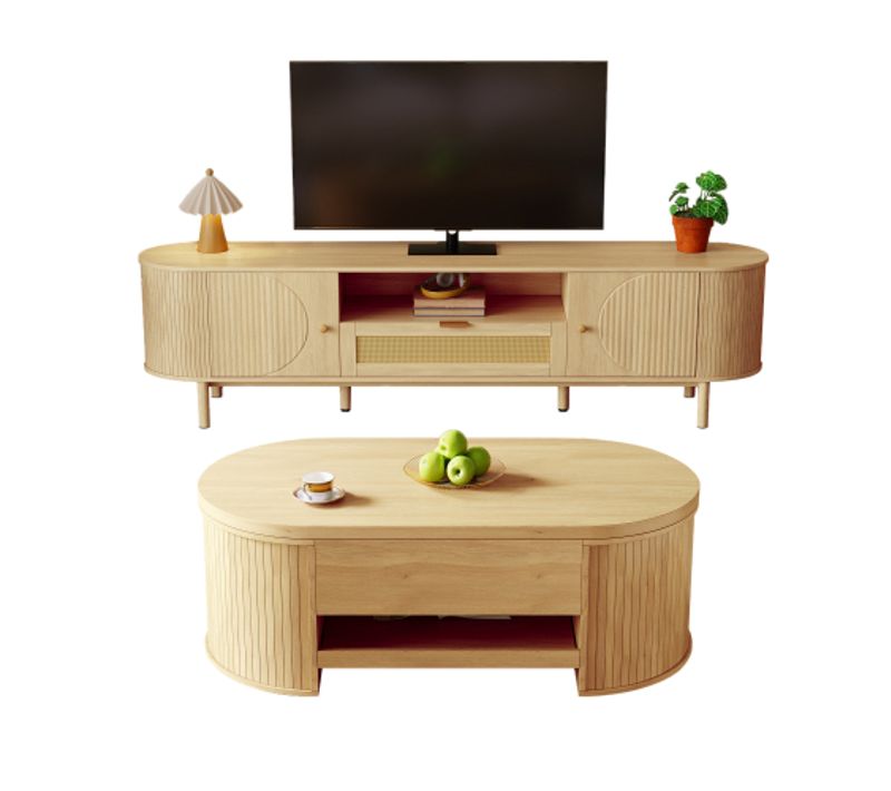 Ensemble De Salon-avec Table Basse Réglableet Meuble TV-espace De Rangement-naturel