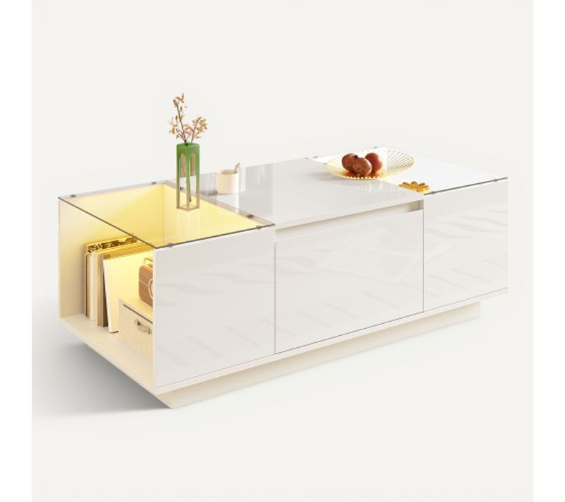 Table Basse-avec Rangement-éclairage D'ambiance LED-plateau En Verre Et 2 Tiroirs-blanc