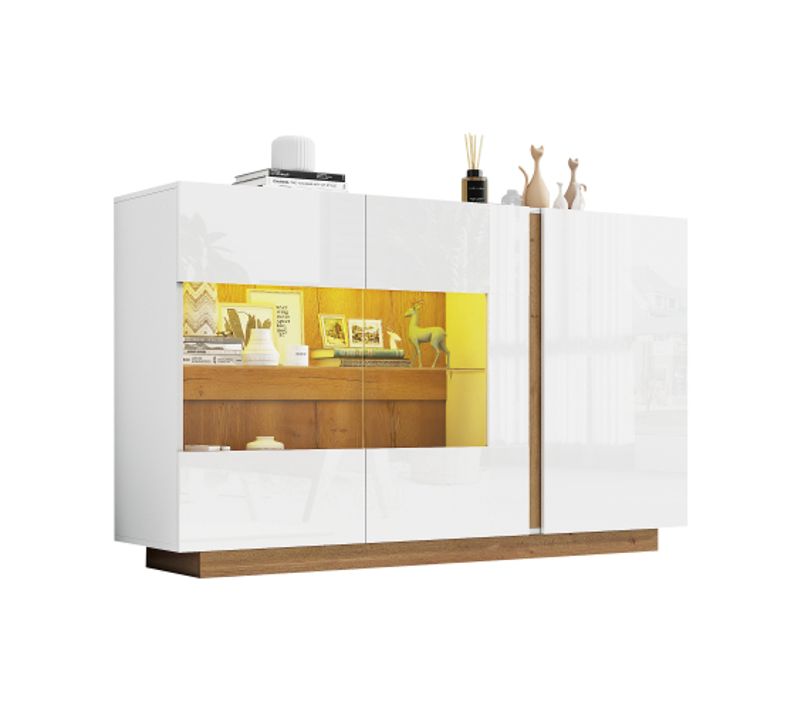 Buffet Blanc Brillant-avec Plateau En Verre-en Bois-blanc