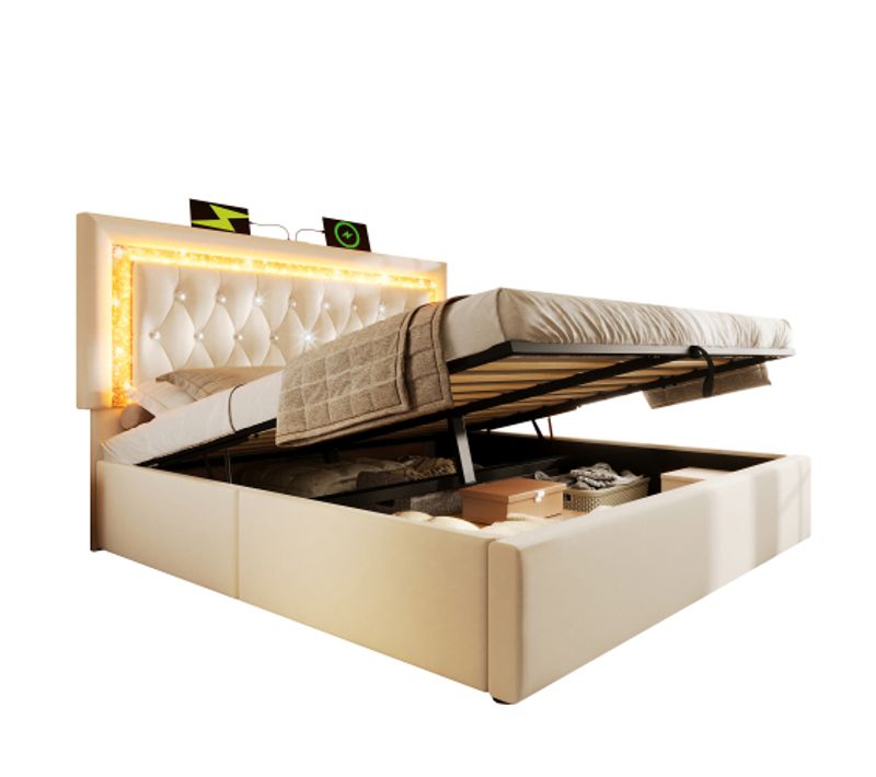 Lit Double 140x200 Cm-led-charge USB Et Type-c-espace De Rangement Hydraulique-en Velours-beige