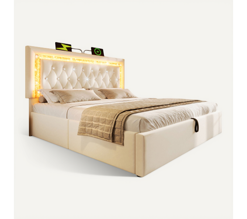 Lit Double 160x200 Cm-led-charge USB Et Type-c-espace De Rangement Hydraulique-en Velours-beige