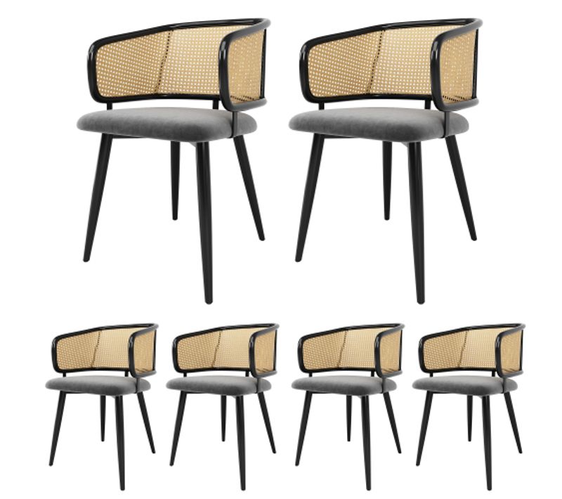 6 Chaises De Table-avec Dossier En Rotin-coussins D'assise En Velours-salons Et Cafés-gris