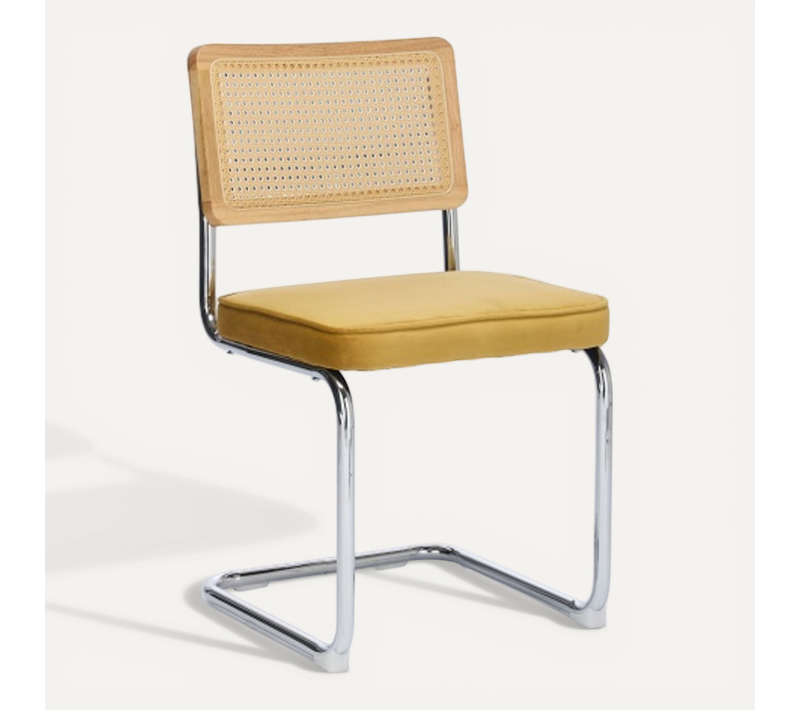2 Chaises De Table-avec Dossier En Rotin-base En Acier Inoxydable Chromé-jaune