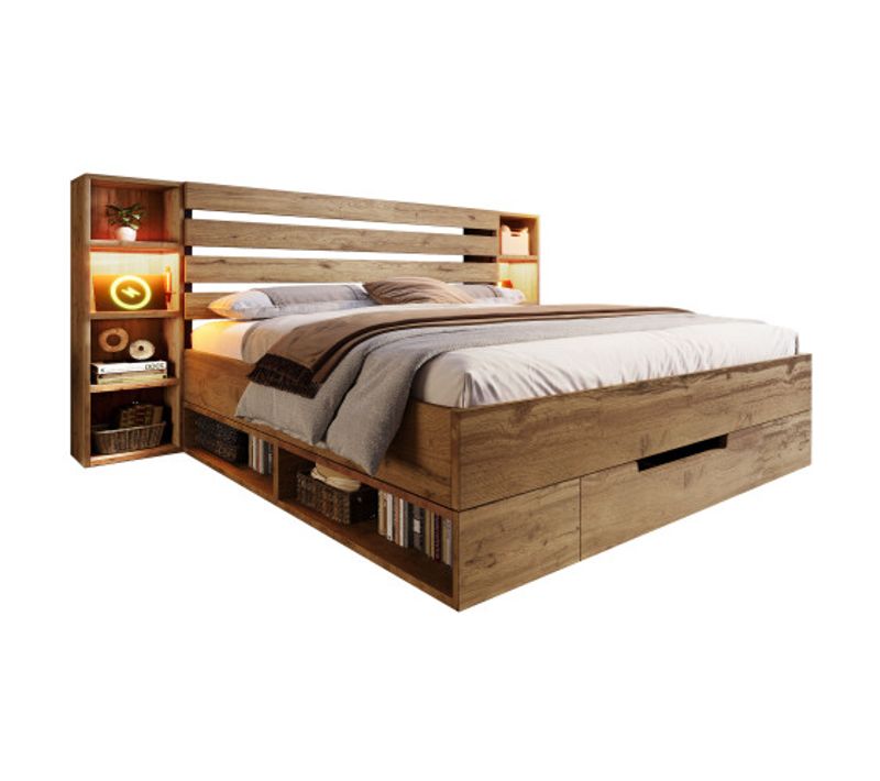 Lit Double 180x200cm-lit Adulte En Bois Massif-avec Éclairage LED Et Port USB-c-naturel