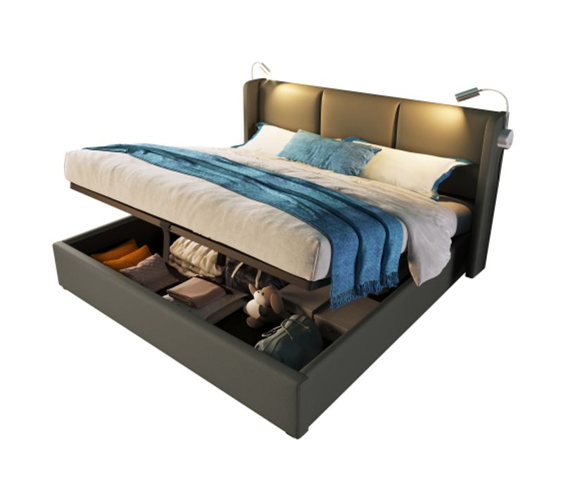Lit Double 160x200cm-coffre De Lit Avec Rangement-lampe De Lecture Avec Port USB-gris