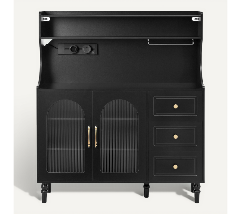 Buffet De Cuisine Avec 2 Portes, 3 Tiroirs Et Porte-verres à Vin Noir