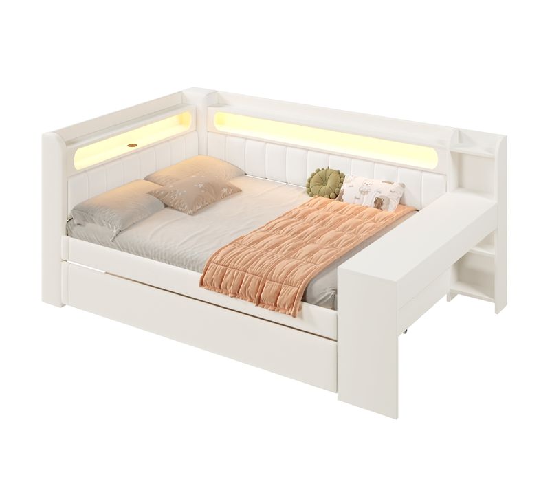 Lit Gigogne 140 X 200 Cm Avec LED, Port USB Et Bureau Au Pied Du Lit Blanc