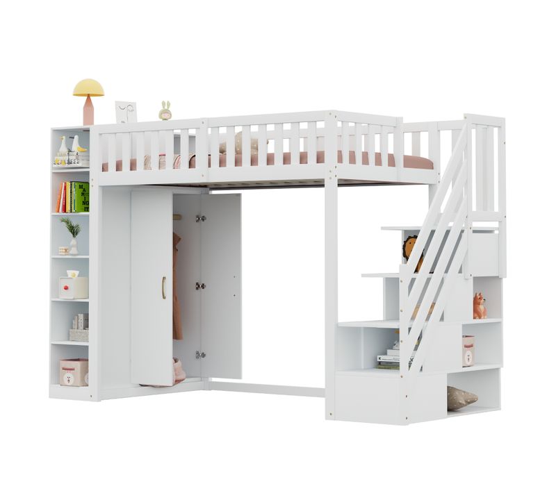 Lit Mezzanine 90 X 200 Cm Avec Escalier De Rangement. Armoire Et Étagères à Plusieurs Niveaux Blanc
