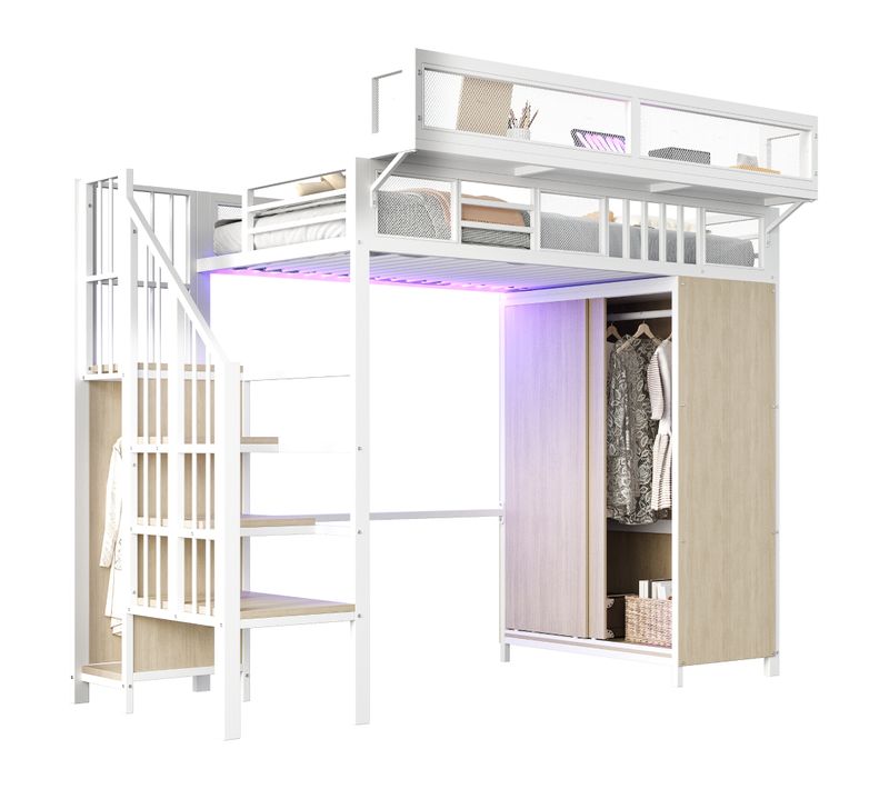 Lit Mezzanine 90 X 200 Cm Avec LED, Escalier, Armoire Et Étagères Blanc + Imitation Chêne