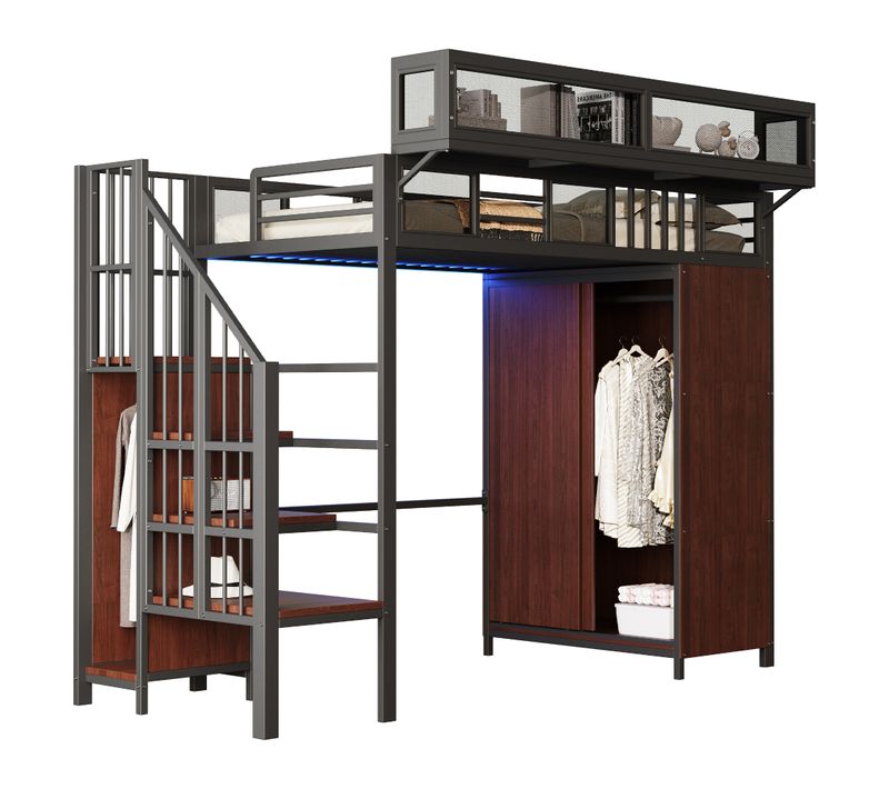 Lit Mezzanine 90 X 200 Cm Avec LED, Escalier, Armoire Et Étagères Noir