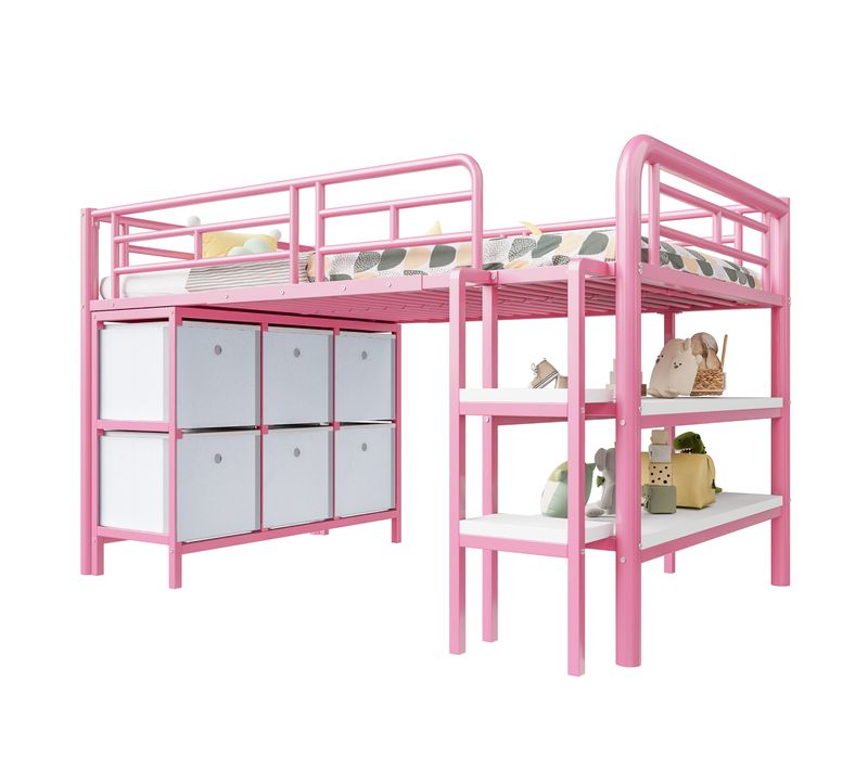 Lit Mezzanine 90 X 200 Cm Avec 6 Tiroirs Rembourrés Et 2 Étagères Rose