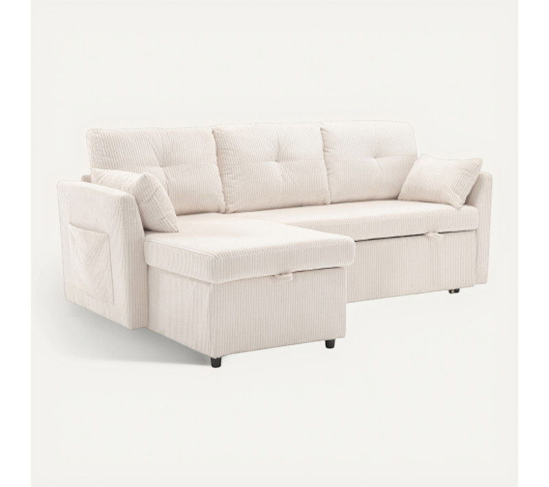 Canapé D'angle Convertible Méridienne Réversible 3 Places Velours Côtelé Beige