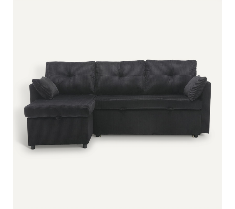 Canapé D'angle Convertible Méridienne Réversible 3 Places Velours Côtelé Noir