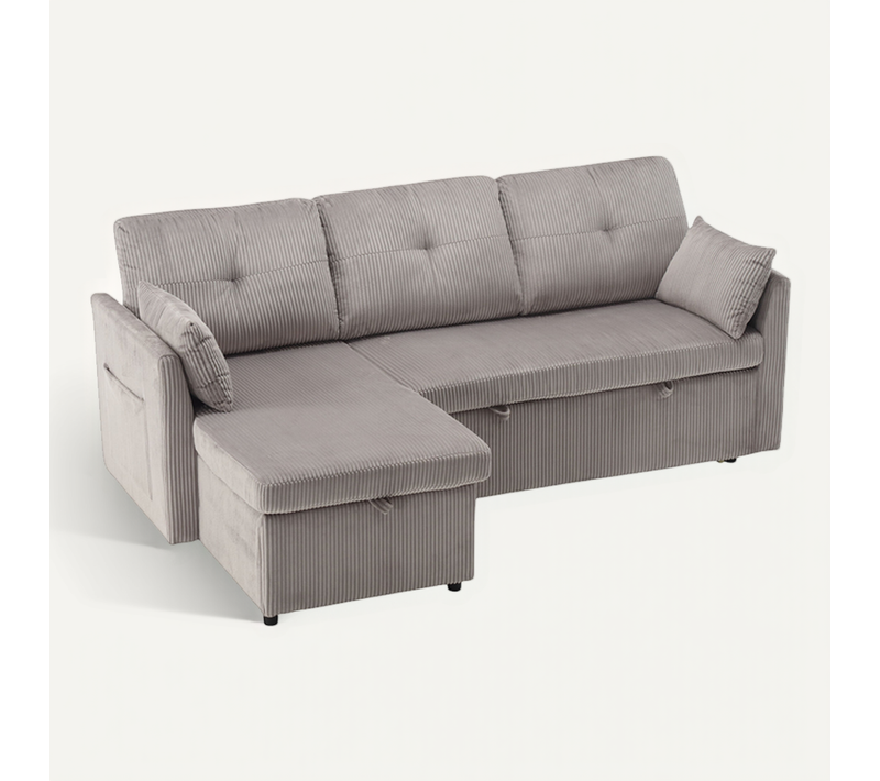Canapé D'angle Convertible Méridienne Réversible 3 Places Velours Côtelé Gris Clair