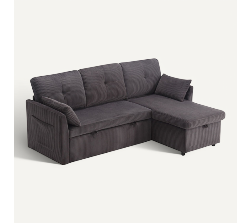 Canapé D'angle Convertible Méridienne Réversible 3 Places Velours Côtelé Gris Foncé