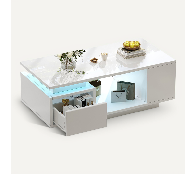 Table Basse Avec LED,, 1 Tiroir Et 5 Niches Blanc