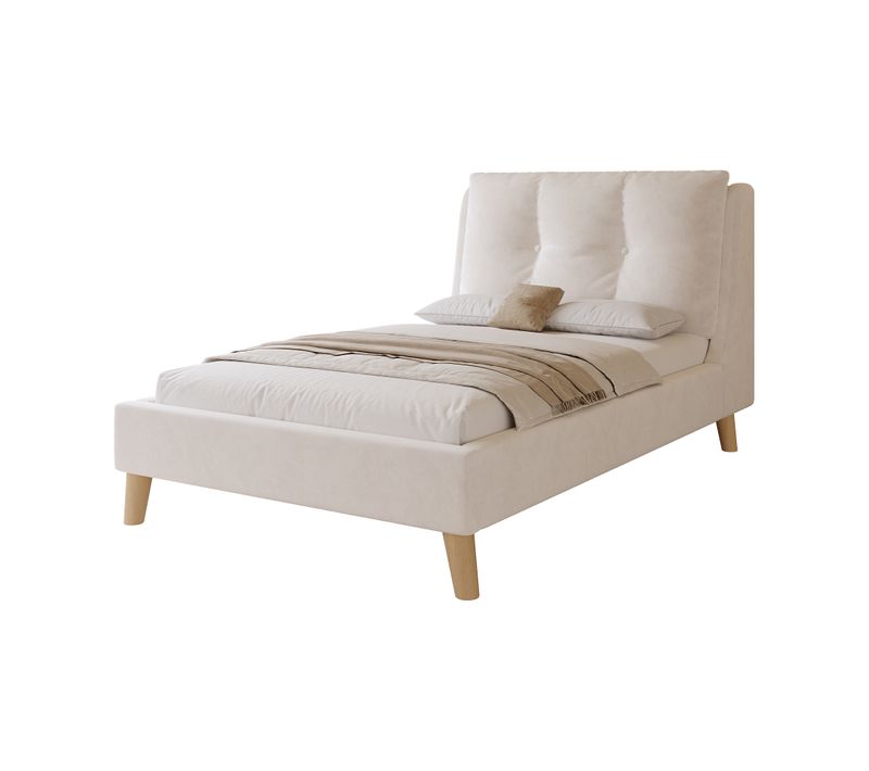 Lit Enfant 90x200cm Avec Sommier à Lattes, Tête De Lit Et Pieds En Bois Massif, Velours, Beige