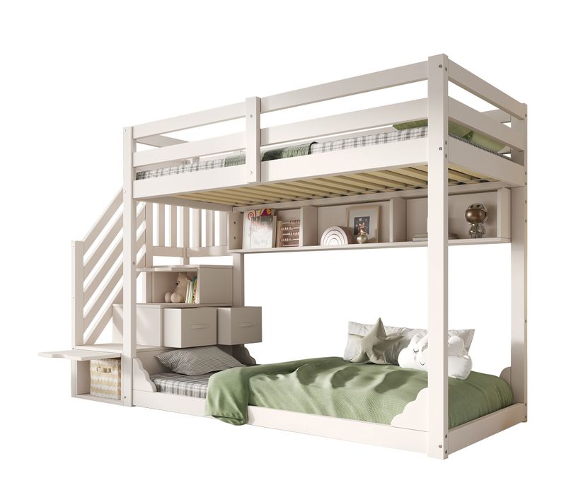 Lit Superposé 2x90x200cm Avec 2 Tiroirs, Étagères à Plusieurs Niveaux Et Escalier De Rangement Blanc