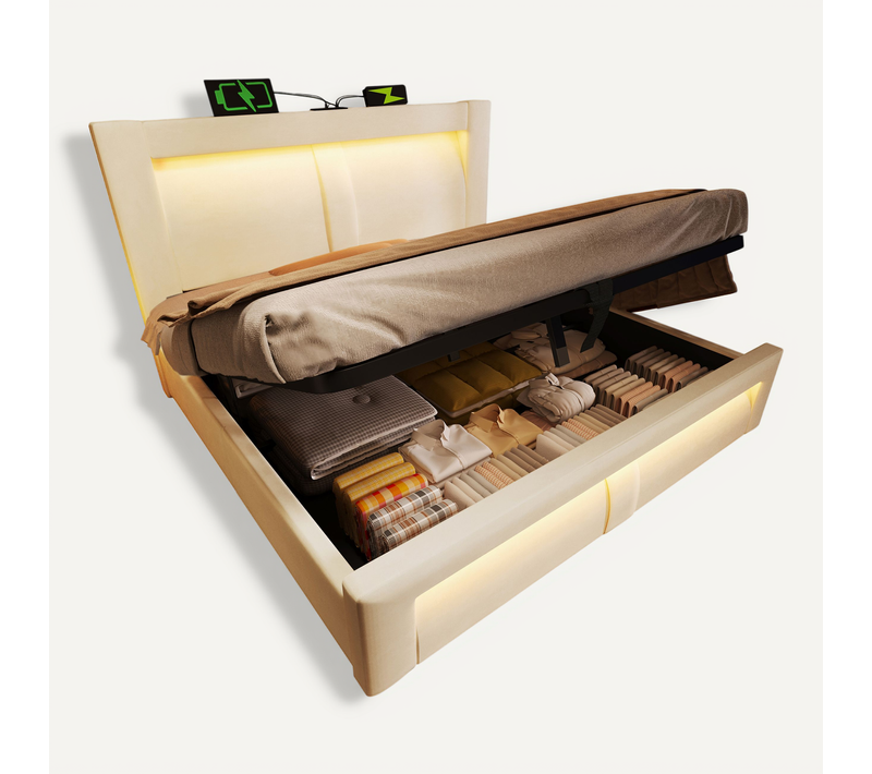 Lit Coffre 160x200cm Avec Lumière LED, Port USB Et Tête De Lit Incurvée Velours Beige