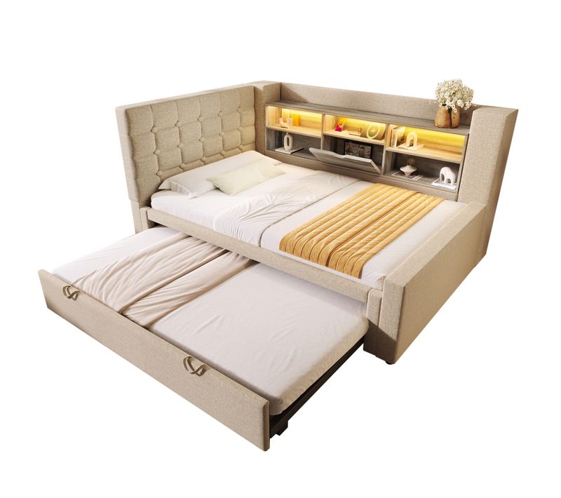 Lit Gigogne 90x200cm Avec LED, Tête De Lit En Forme De L Avec Espace De Rangement Lin Beige