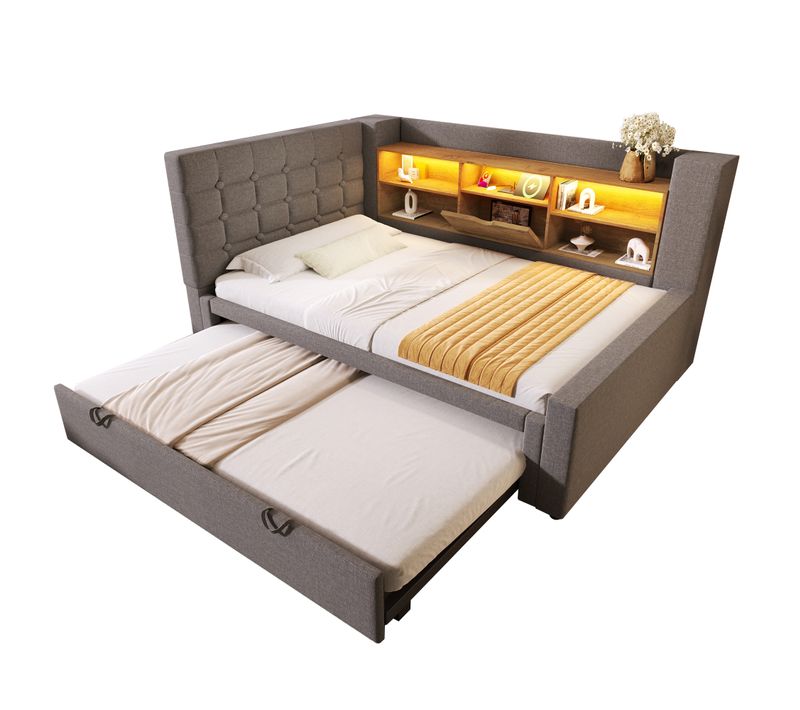Lit Gigogne 90x200cm Avec LED, Tête De Lit En Forme De L Avec Espace De Rangement Lin Gris