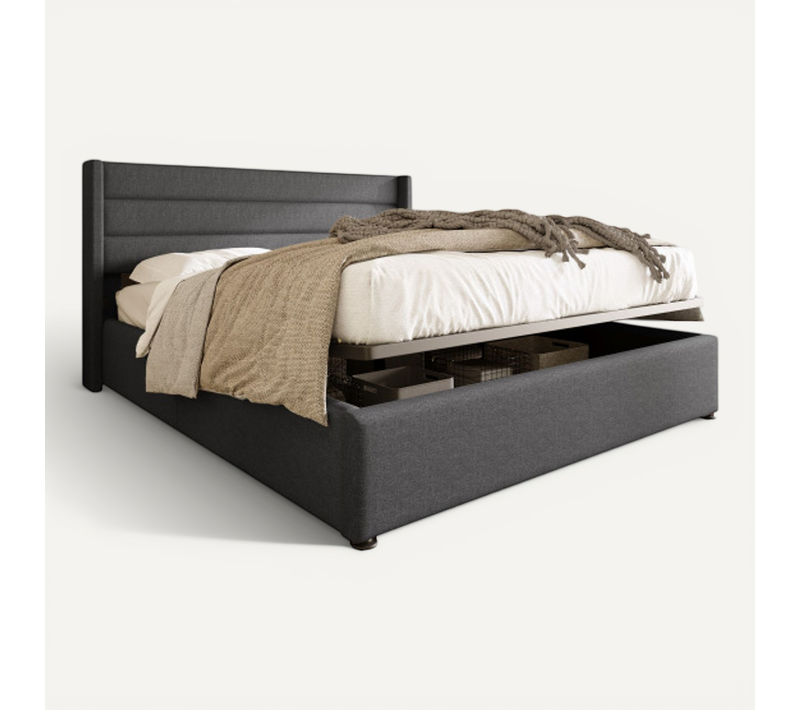 Lit Double Hydraulique 140x200cm-lit Coffre-sommier à lattes en bois-en Lin-Silencieux-Gris