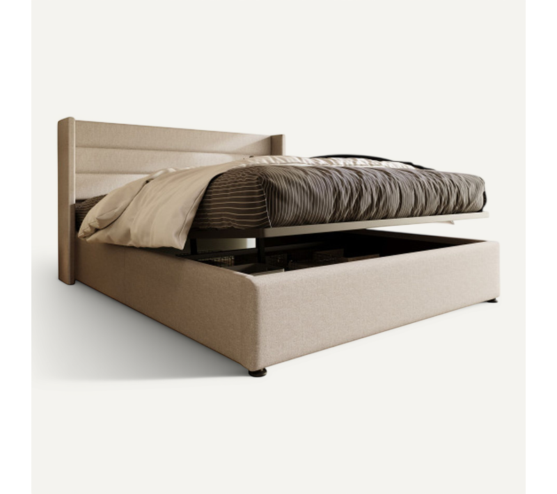 Lit Double Hydraulique 140x200cm-lit Coffre-sommier à lattes en bois-en Lin-Silencieux-Beige