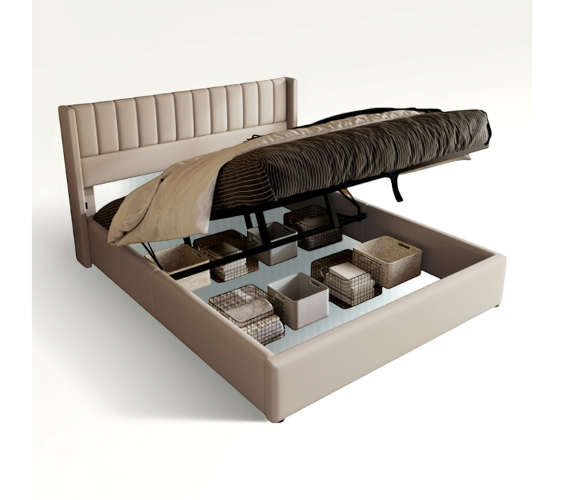 Lit Double Hydraulique 140x200cm-lit Coffre-système Hydraulique-lit Capitonné En Bois-en Lin-beige