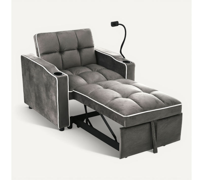 Canapé-lit Extensible 3 En 1-fauteuil Convertib-avec Porte-gobelets Et Support Pour Téléphone-gris