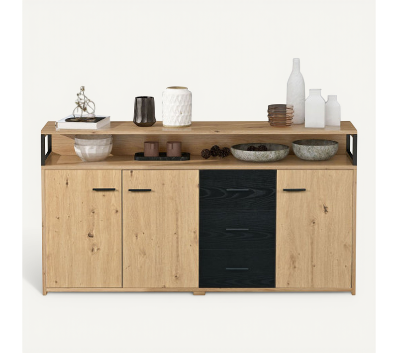 Buffet Industriel à 3 Portes Et 3 Tiroirs-meuble De Cuisine-armoire Haute 150x35x75,9 Cm-naturel
