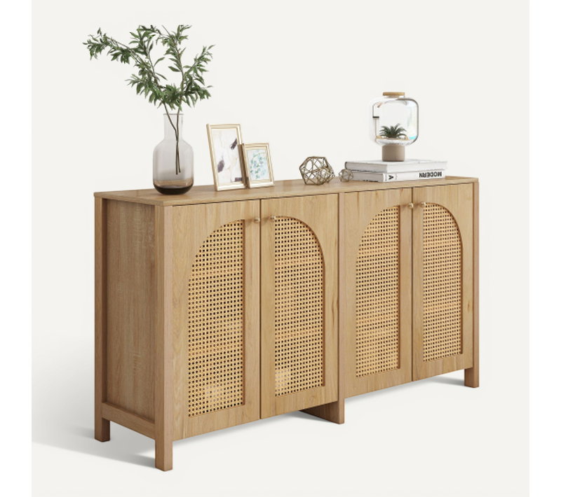 Buffet Avec 4 Portes-en Rotin Et Poignées En Métal-buffet Minimaliste Moderne-bois Naturel