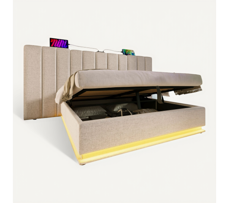 Lit Rembourré 180x200-lit Double Avec Rangement-éclairage LED-prises USB Et Type-c-en Lin-beige
