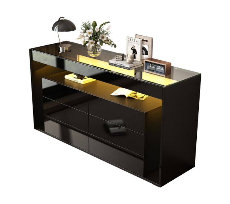 Commode à 6 Grands Tiroirs-finition Laquée LED Brillante-plateau En Verre Trempé-noir