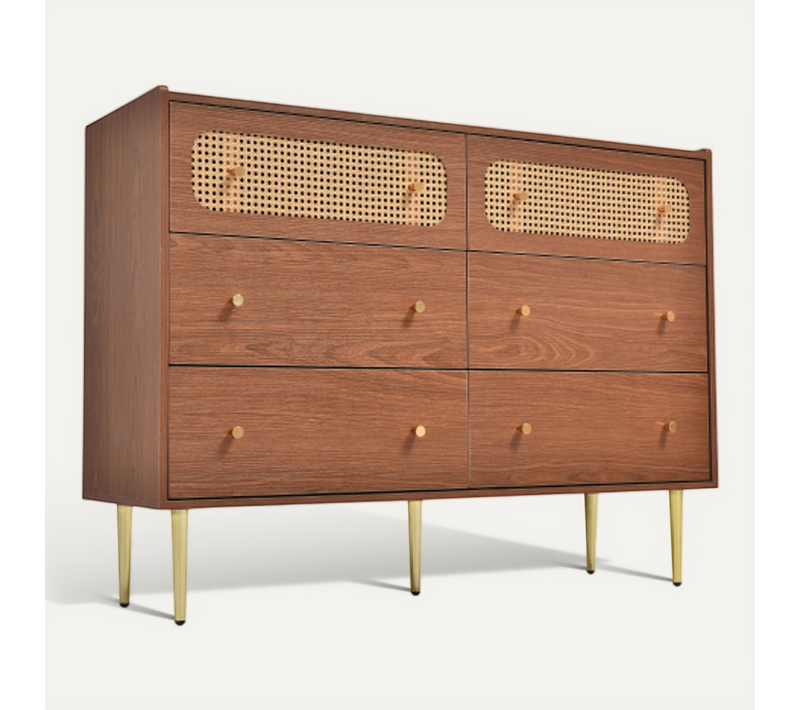 Commode Vintage à 6 Tiroirs-buffet De Commode 90x120x40 Cm-en Rotin-pour Chambres-noyer
